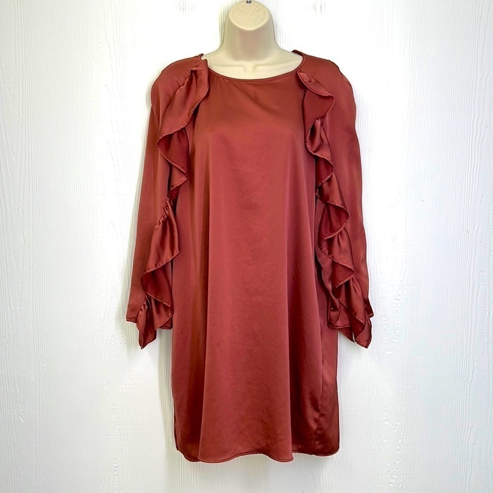 Zara - Rose Gold Satin Like Polyester Ruffle Long Sleeves Mini Dress Medium